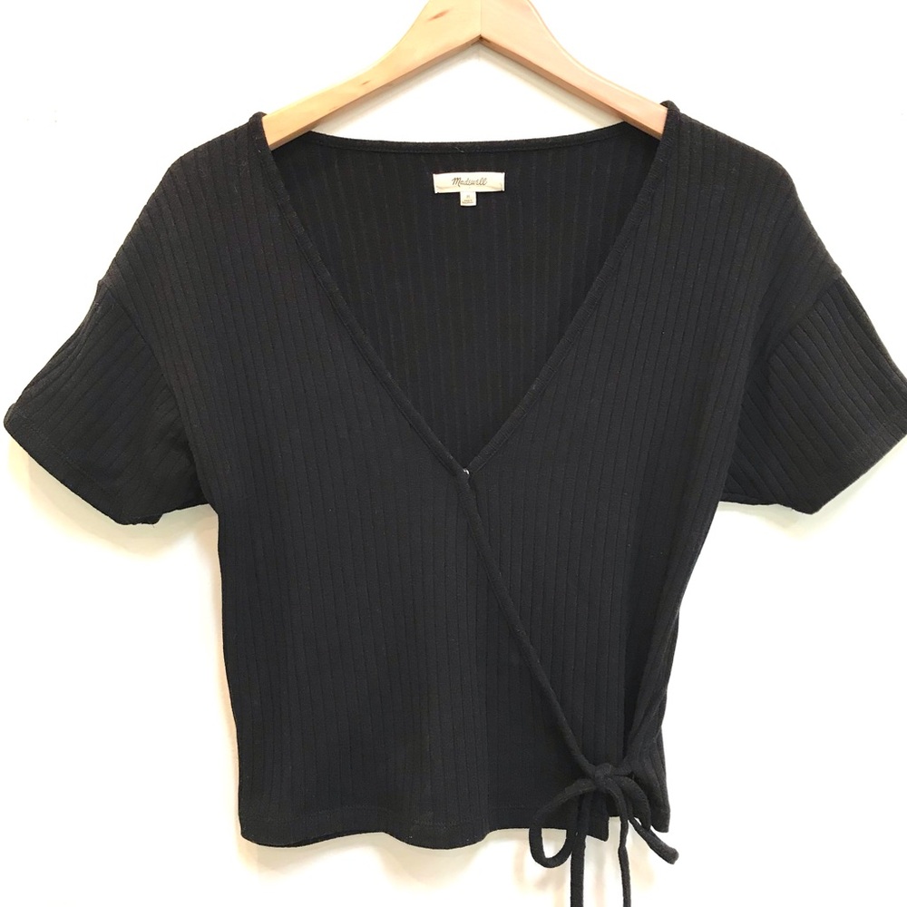 Madewell Black Tie Front Ribbed Short Sleeve Top (M)